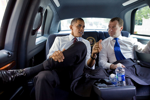 President Barack Obama and President Dmitry Medvedev of Russia ride together for lunch at Ray's Hellburger in Arlington, Va., June 24, 2010.    (Official White House Photo by Pete Souza)