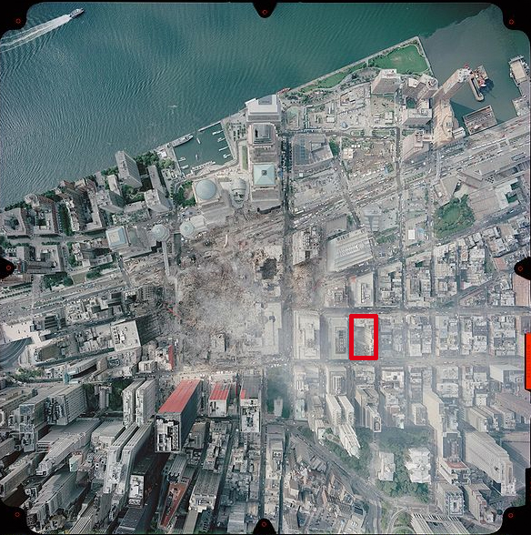 World Trade Center crater, center; one proposed Muslim center, red box