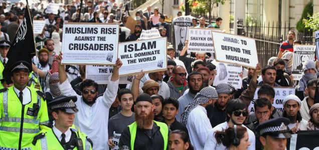 Muslims protest the killing of Osama Bin Laden in England; Getty images